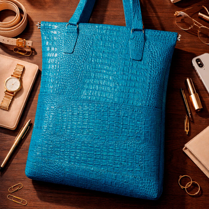 Женская сумка-шоппер из бирюзовой кожи кайман с рамочным замком