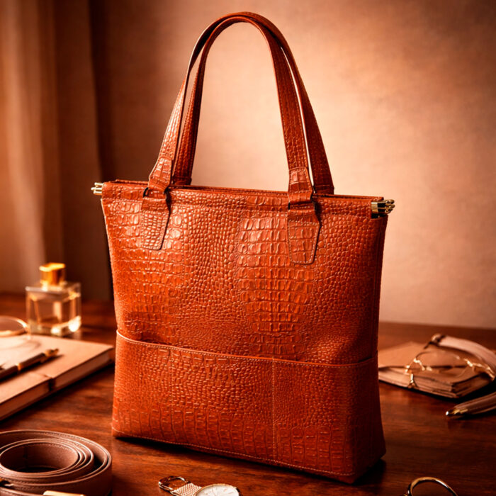 Женская сумка-шоппер из коричневый кожи кайман с рамочным замком