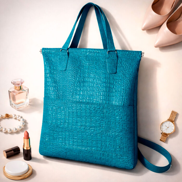 Женская сумка-шоппер из бирюзовой кожи кайман с рамочным замком