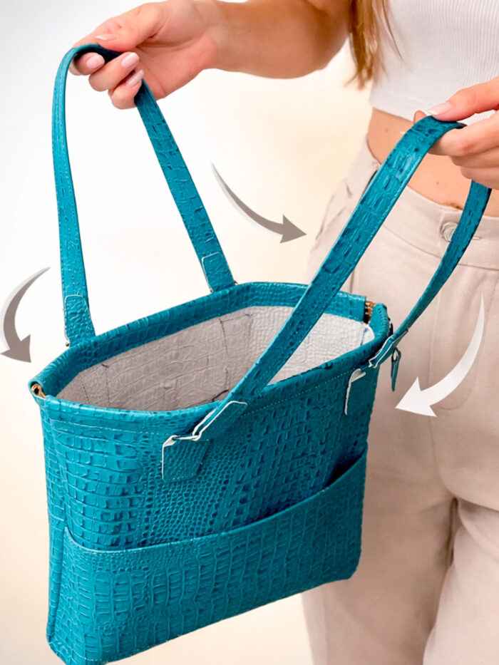 Женская сумка-шоппер из бирюзовой кожи кайман с рамочным замком