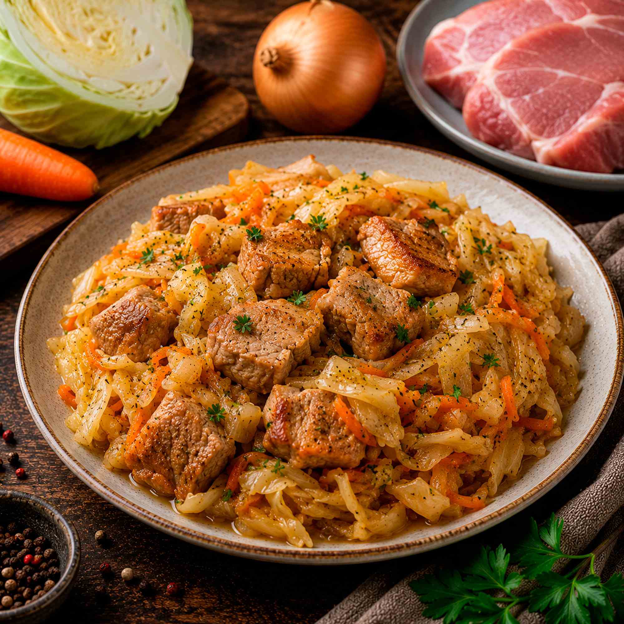 Свинина с тушёной капустой
