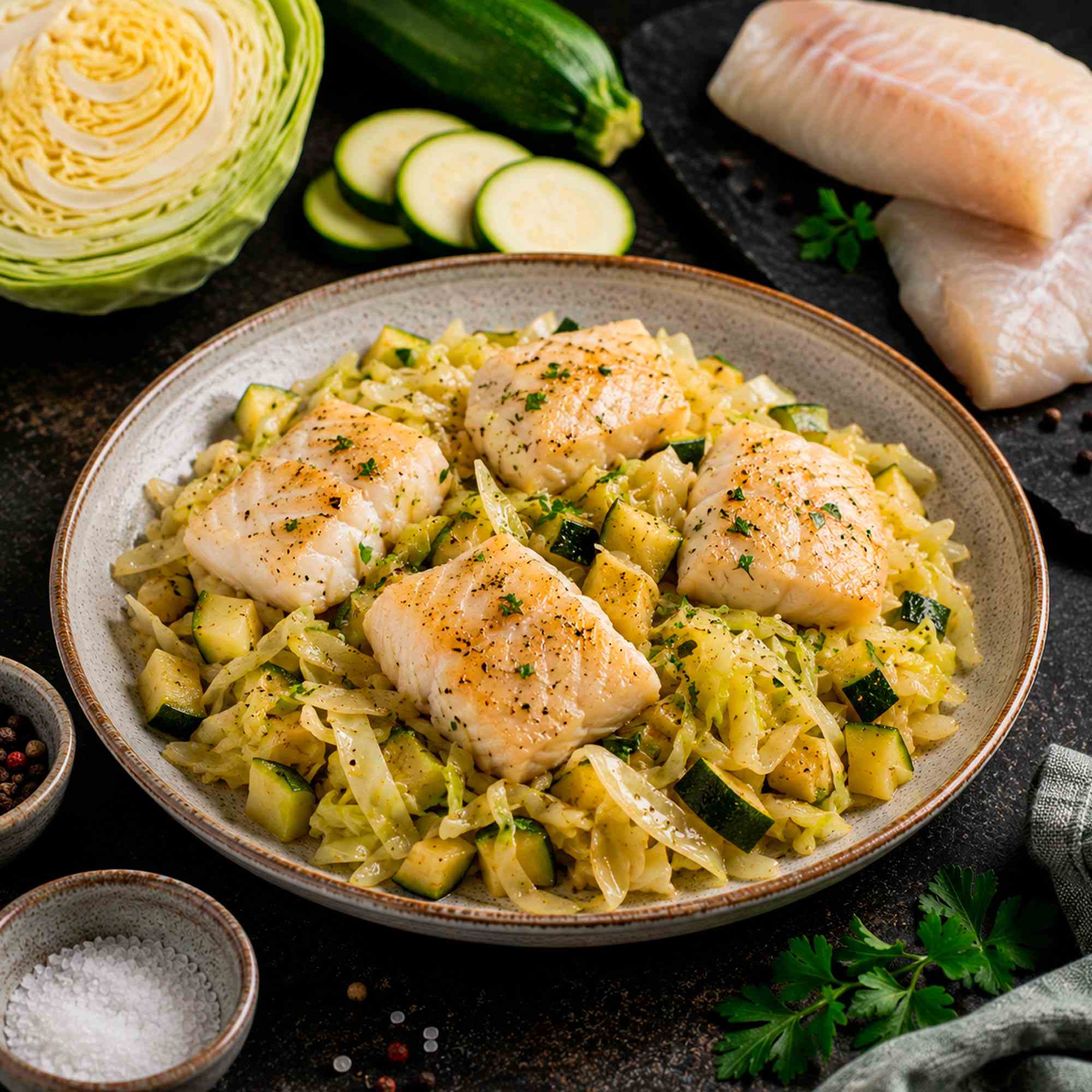 Треска с капустой и кабачком