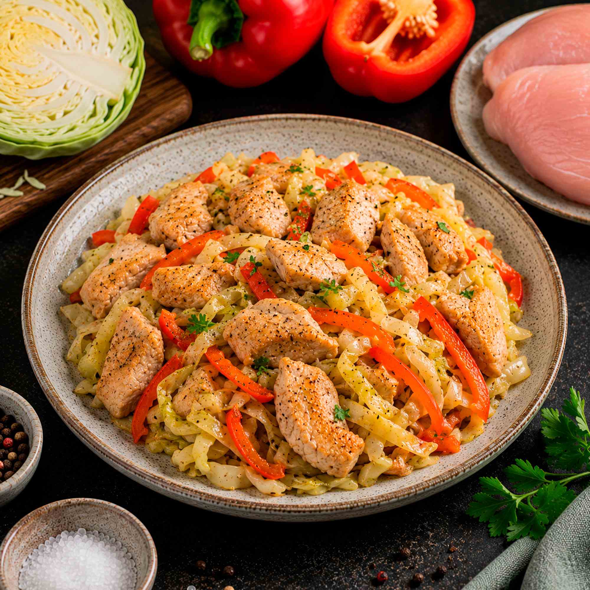 Индейка с капустой и перцем