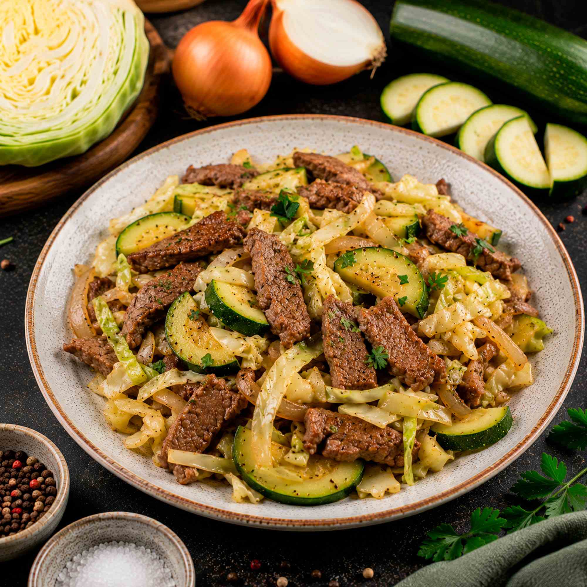 Говядина с кабачком и капустой