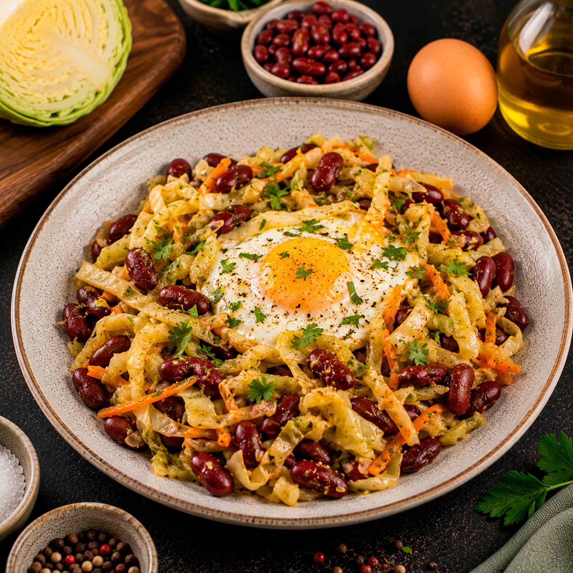 Фасоль с капустой и яйцом