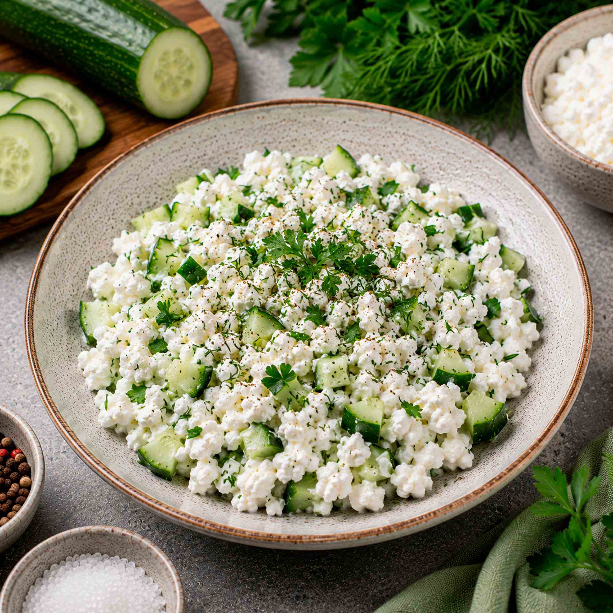 Творог с огурцом и зеленью