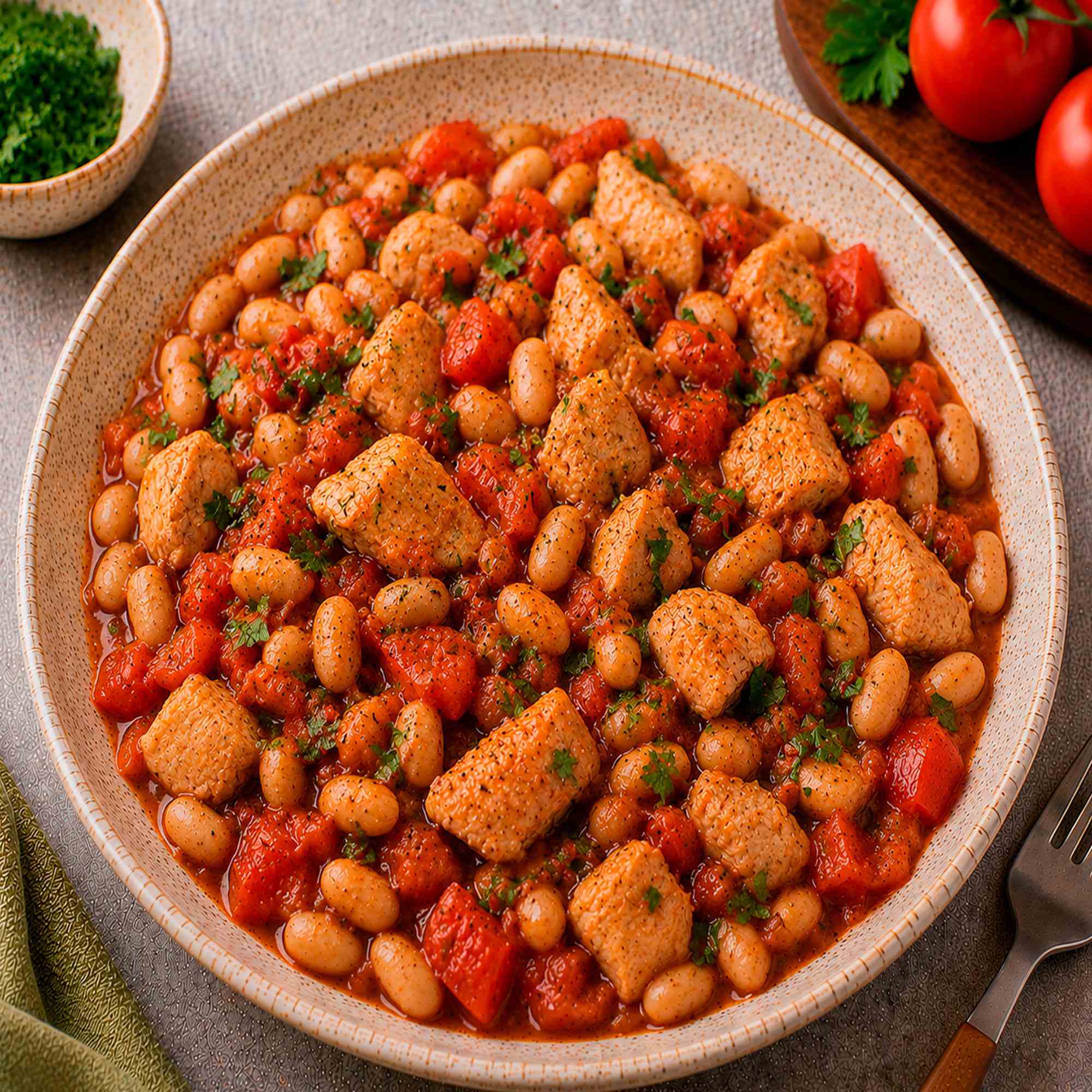 Фасоль с индейкой и томатами