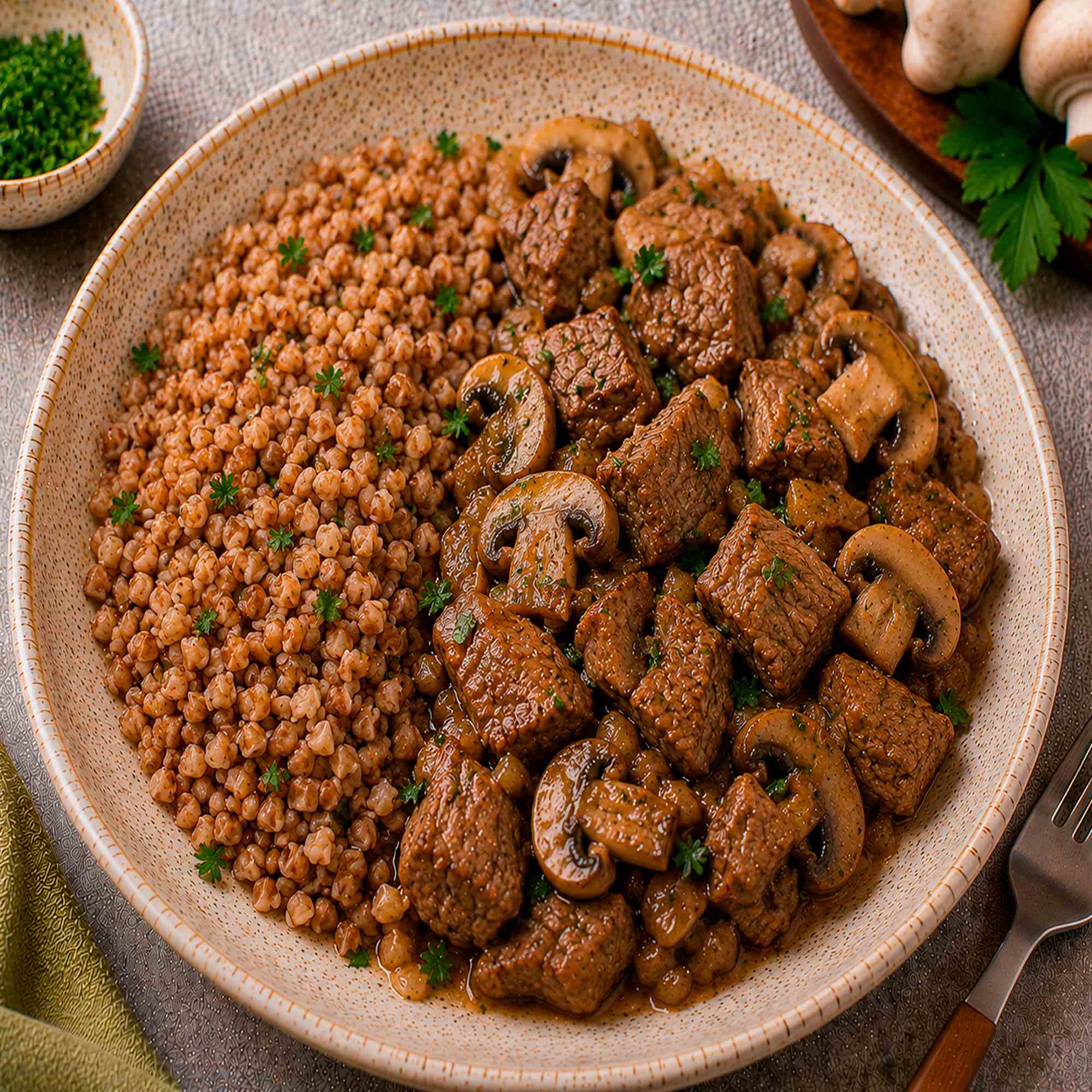 Говядина с гречкой и грибами