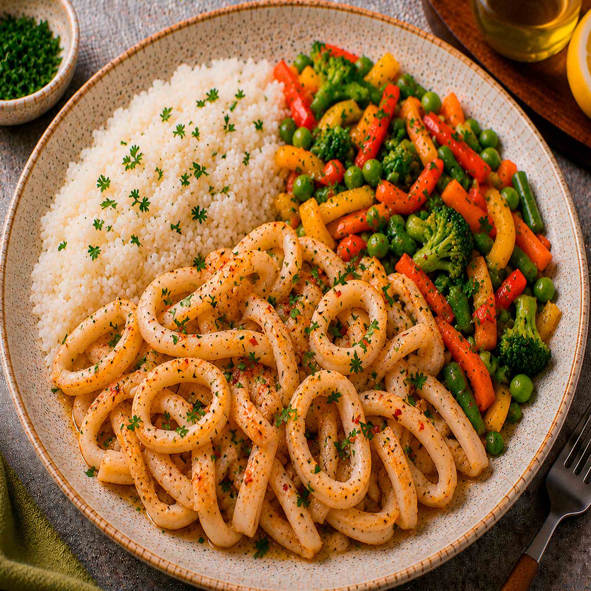Кальмар с рисом и овощами