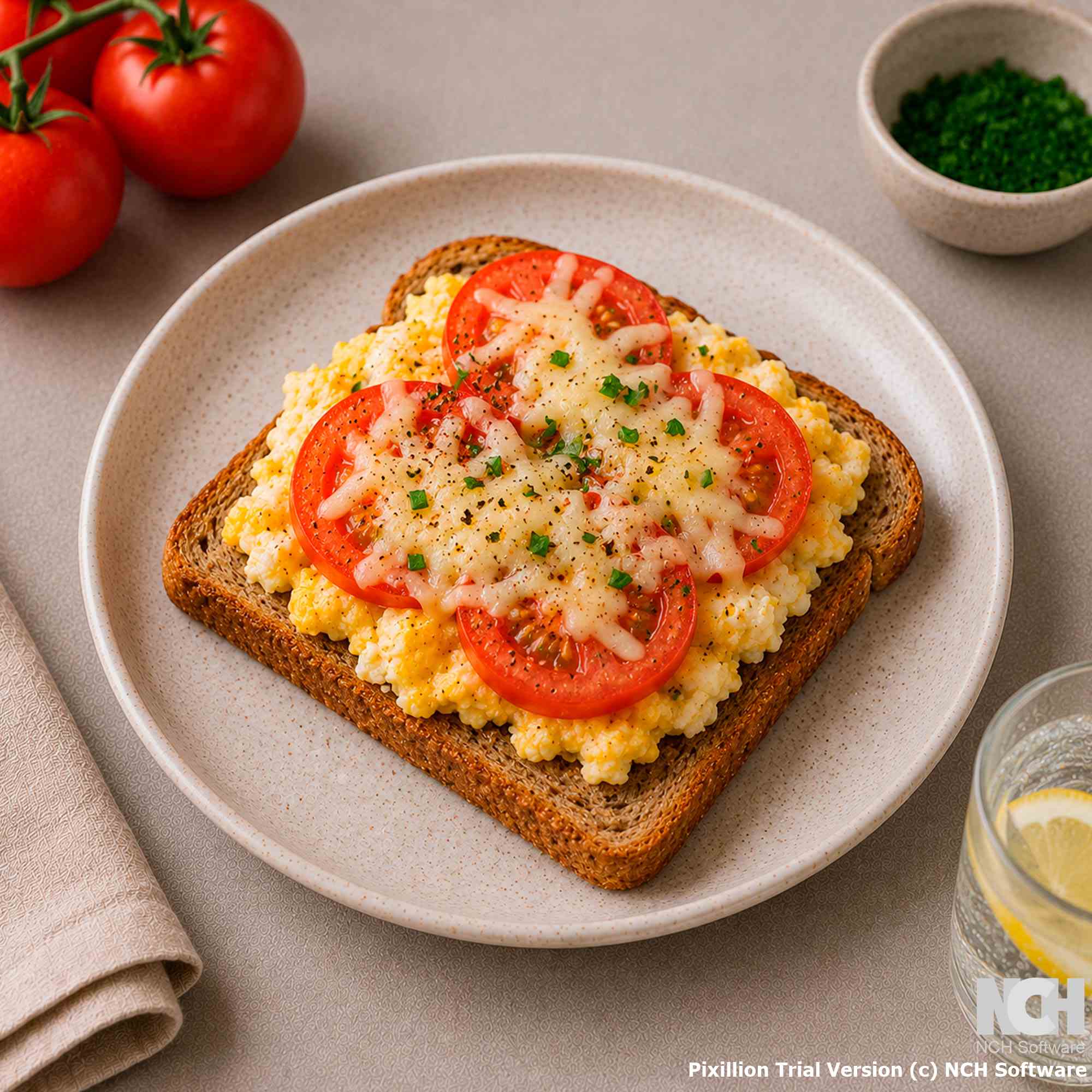 Яичный тост с томатом и лёгким сыром