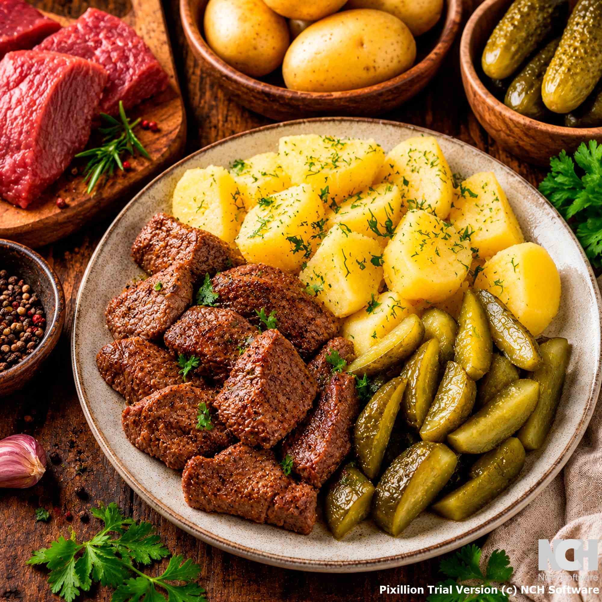 Говядина с картофелем и солёными огурцами