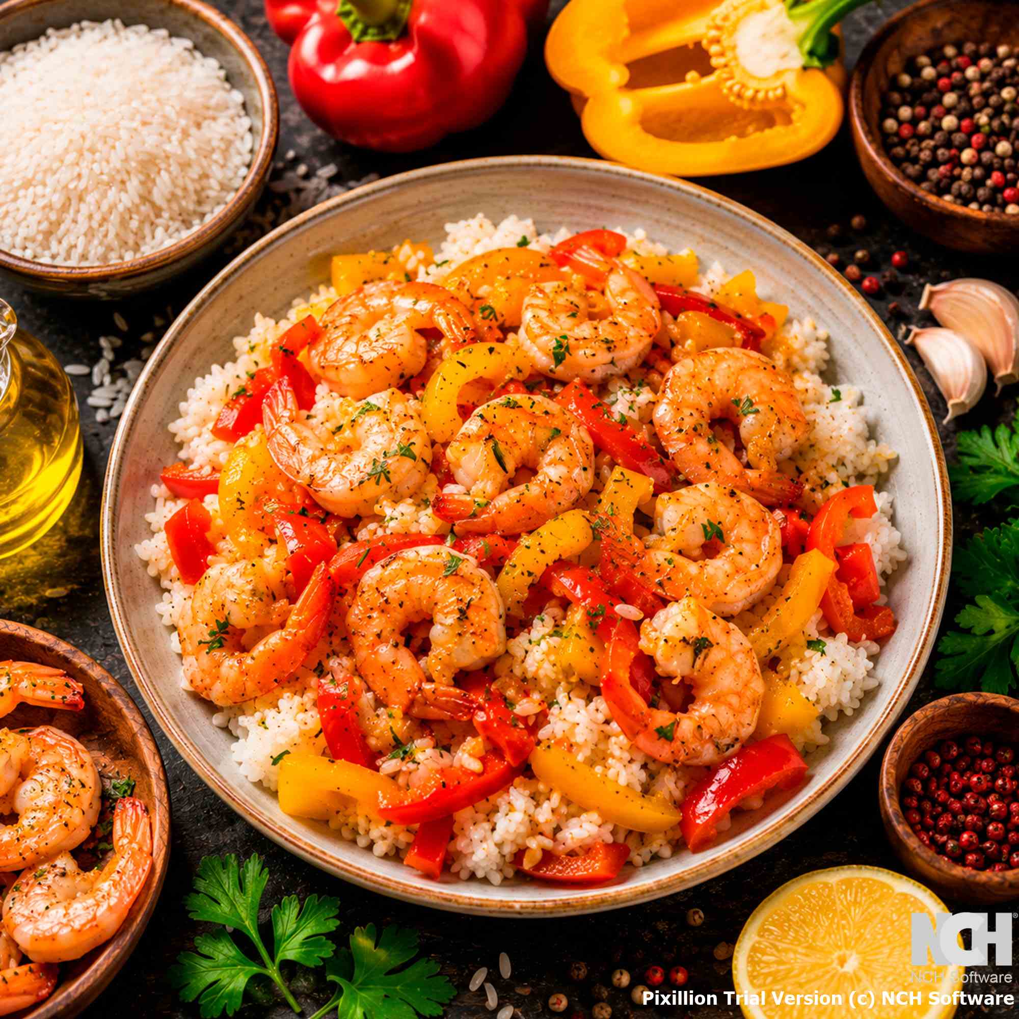 Креветки с рисом и перцем