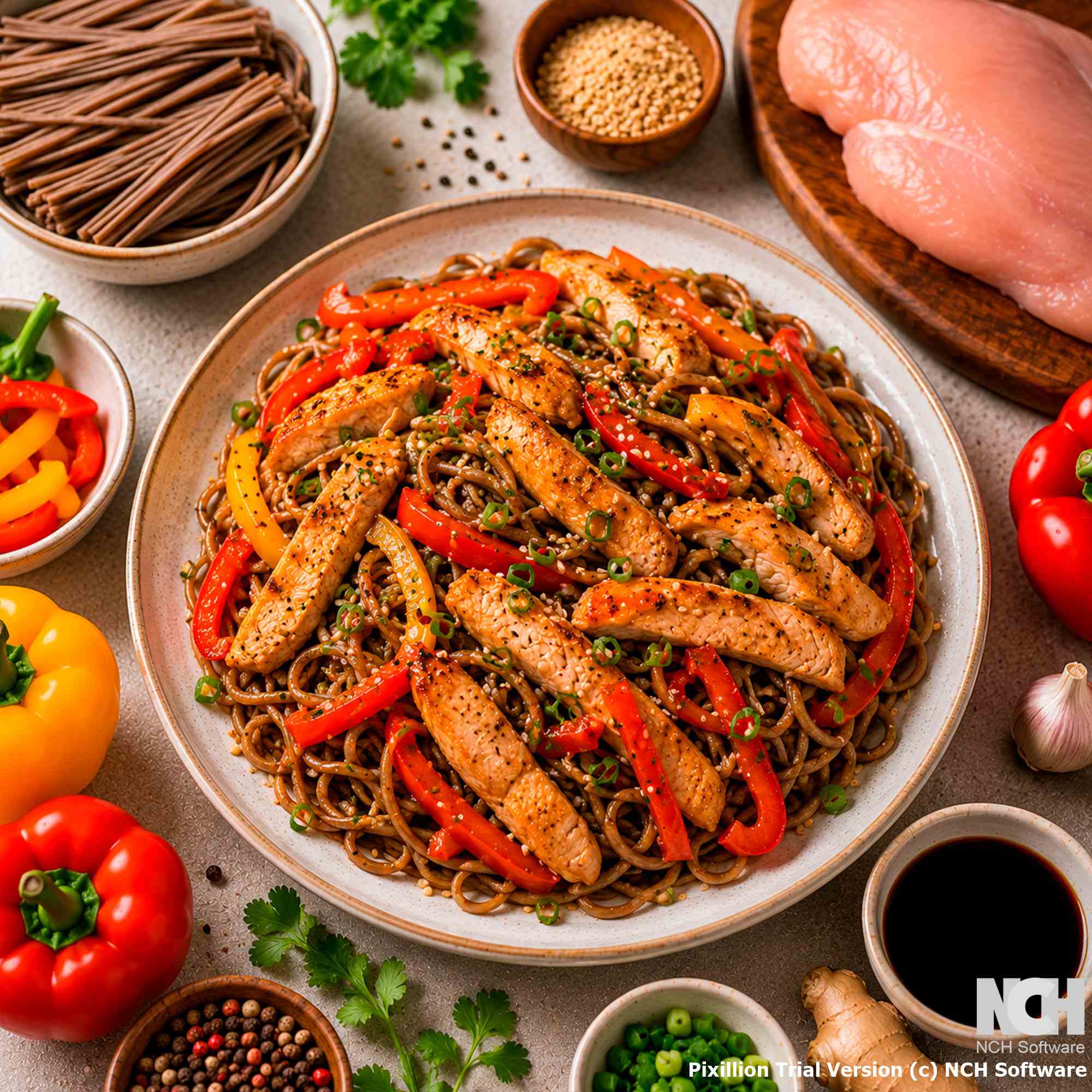 Курица с соба и перцем