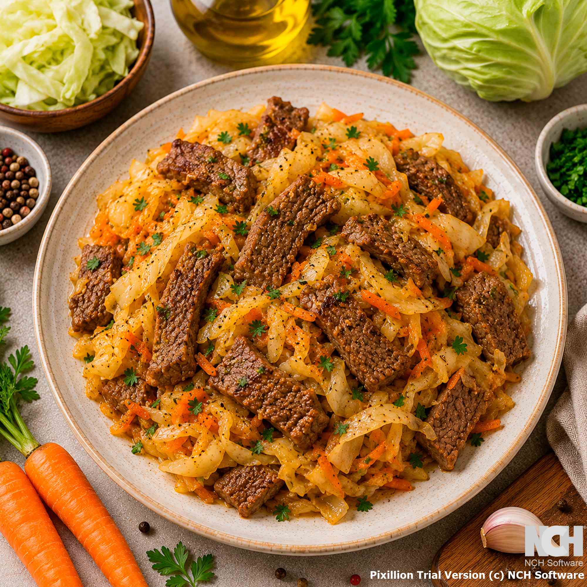 Говядина с тушёной капустой