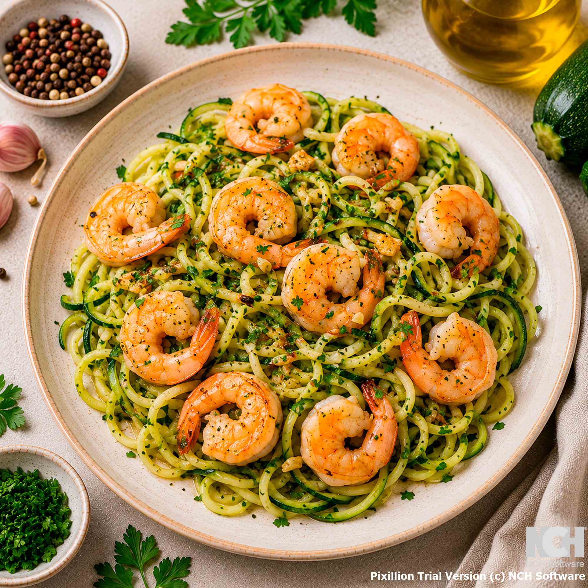 Креветки с кабачковой лапшой