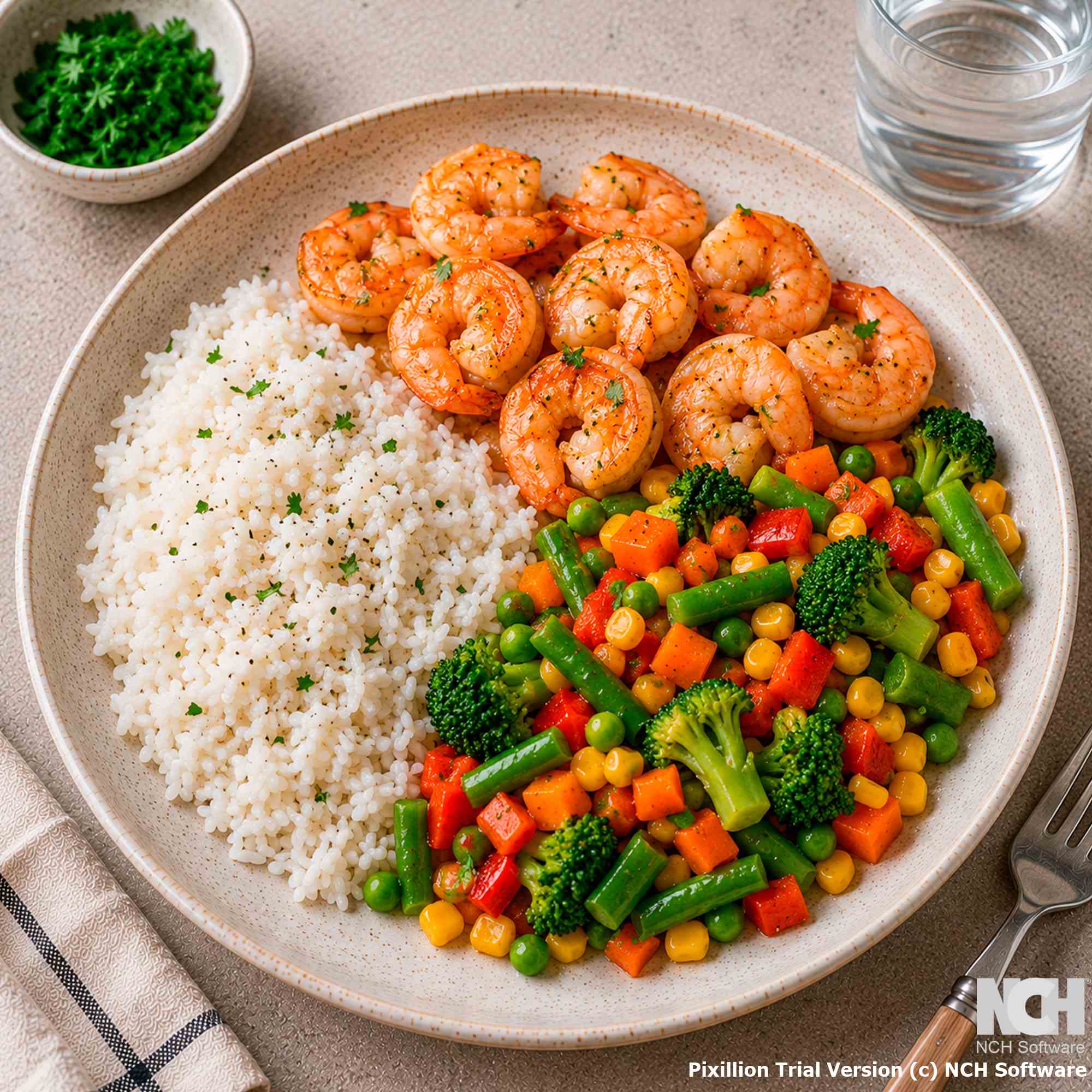 Креветки с рисом и овощами