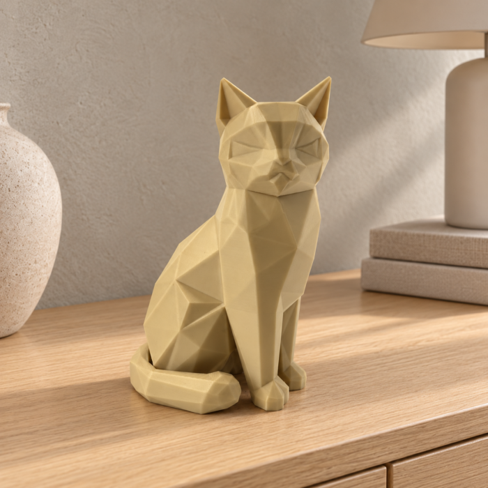 06 сайт Интерьерная полигональная фигурка Кот из ABS бежевая 3D-печать