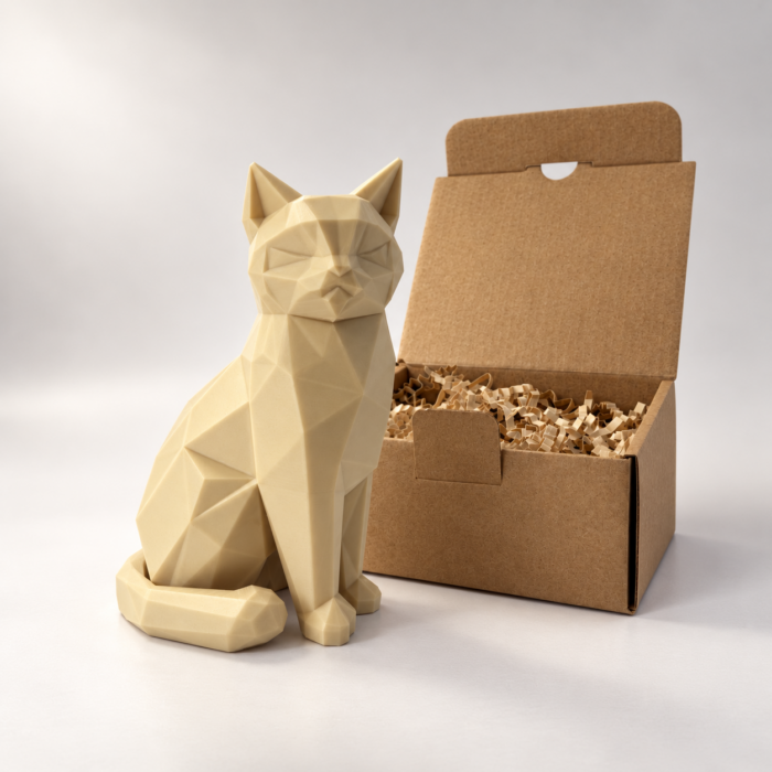 07 сайт Интерьерная полигональная фигурка Кот из ABS бежевая 3D-печать